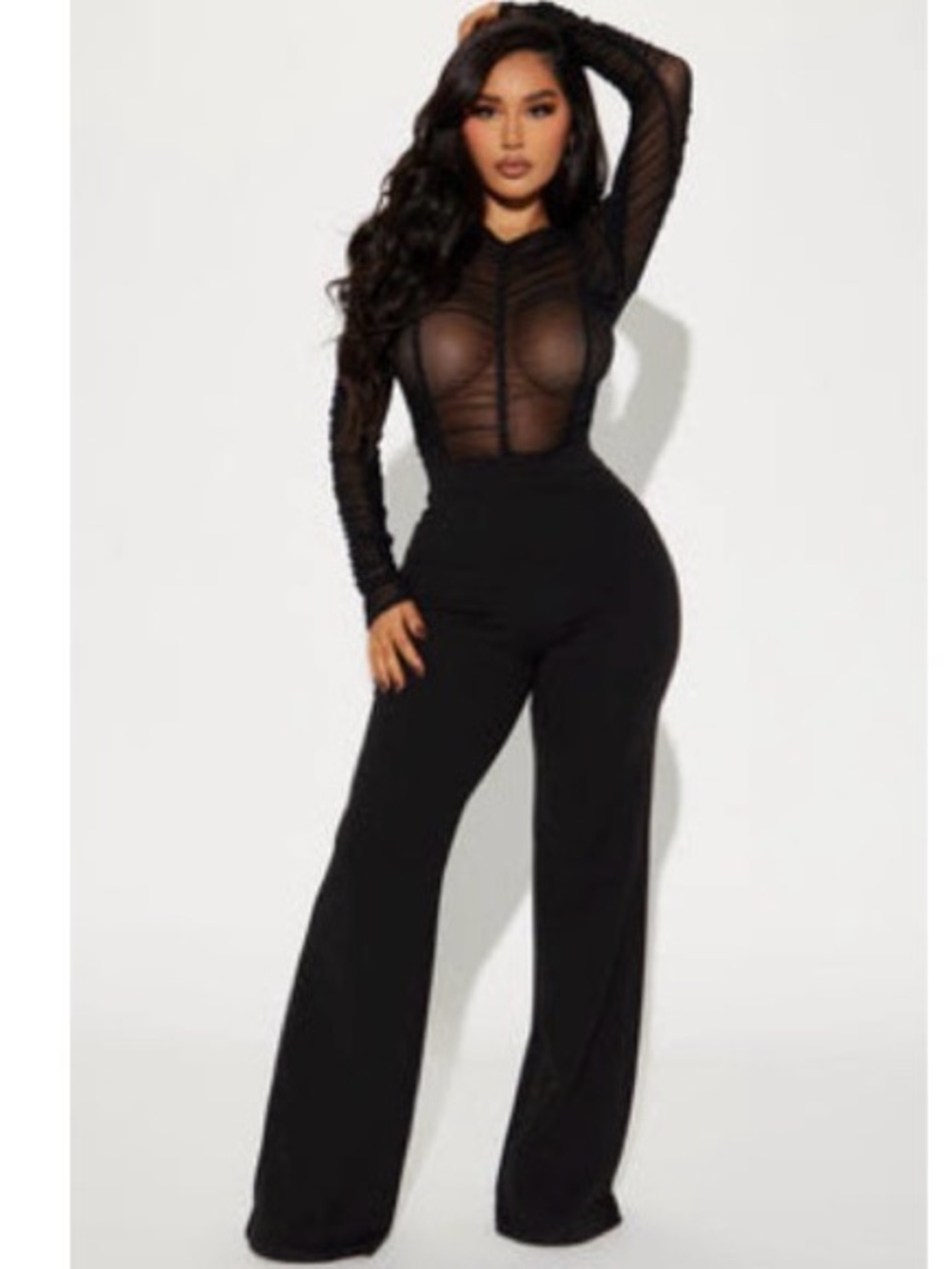 Fashion Nova Black Sheer Bodice High-Waist Wide-Leg Jumpsuit